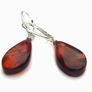Baltic Amber & Sterling Silver Teardrop Earrings Milky / Honey / Cognac / Green