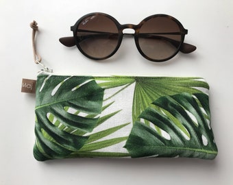 Tropical plant glasses case or purse, sunglasses case,  Palm print botanical fabric padded,  multifunction,