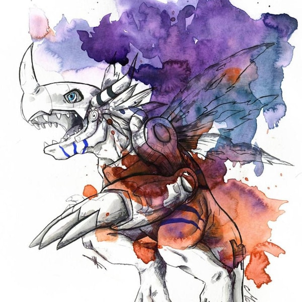 Digimon akvarelltryck - Illustration av Angewomon, Angemon och MetalGreymon - Anime Gamer-dekoration - Original fankonsttryck - Gåva till Otaku