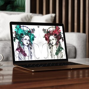 Może przedstawiać: Ekran laptopa wyświetlający cyfrową ilustrację dwóch kobiet w koronkowych wiankach. Jedna kobieta ma wianek zielony, a druga czerwony. Obie kobiety mają długie włosy i patrzą na widza.