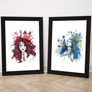 Four Elements Elf Art: Ink and Watercolor Illustration of Fire, Water, Air and Earth Elves. Fantasy Theme Illustration