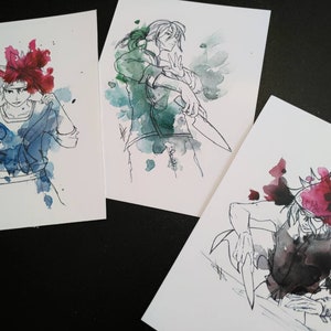 Dibujo en acuarela basado en el anime Shokugeki no Sōma. Retrato Sōma Yukihira, Ryo Kurokiba y Akira Hayama.