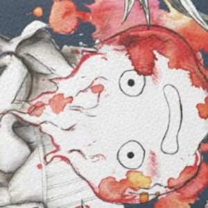 K&ouml;nnte beinhalten: Aquarellillustration eines wei&szlig;en, cartoonartigen Gesichts mit gro&szlig;en, schwarzen Augen und einem gebogenen Mund. Rote Aquarellfarbspritzer umgeben das Gesicht und deuten auf einen Ausbruch hin. Das Kunstwerk hat ein strukturiertes, papierartiges Aussehen.