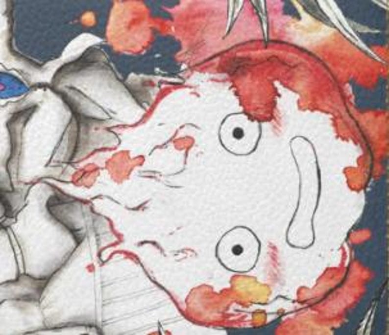K&ouml;nnte beinhalten: Aquarellillustration eines wei&szlig;en, cartoonartigen Gesichts mit gro&szlig;en, schwarzen Augen und einem gebogenen Mund. Rote Aquarellfarbspritzer umgeben das Gesicht und deuten auf einen Ausbruch hin. Das Kunstwerk hat ein strukturiertes, papierartiges Aussehen.