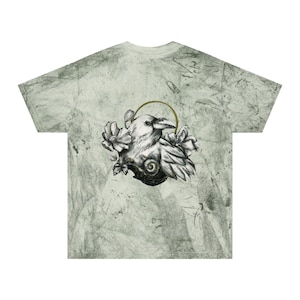 Color Blast Unisex T-Shirt with Tattoo Style Crow and Flowers, Itziar Aguado Animal Spirits Collection, Back Print