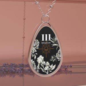 Necklace, Floral Design, Hand Drawn Illustrations, Numerology Guide 111, Gothic Finish, Witch Core, Oval Pendant