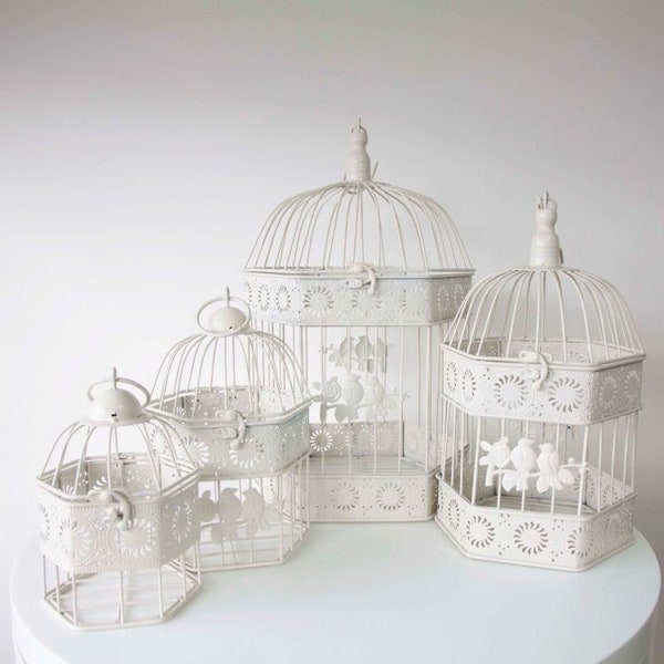 Lot de 4 cages à oiseaux hexagonales décoratives pour salle de mariage, décoration vintage ivoire