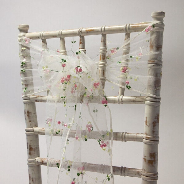 Floral Embroided Organza Chair Bow Sash, Chair Cap & Table Runner Wedding Party Event Summer Spring Decor