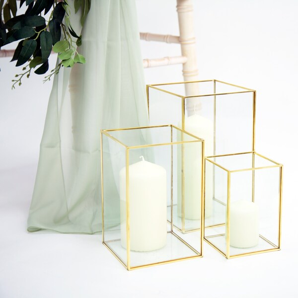 Gold Framed Terrarium Glass Candle Holders 3 Sizes Wedding Event Aisle Table Centrepiece Luxury Decor