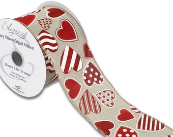 Eleganza Hessian Wired Edge Glitter Heart Valentines Design Natural Colour Ribbon 63mm x 9.1m