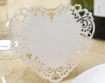 Free Standing Heart Place Cards White & Ivory Vintage Romance Pack of 10 Wedding Event Party Venue Table Decor