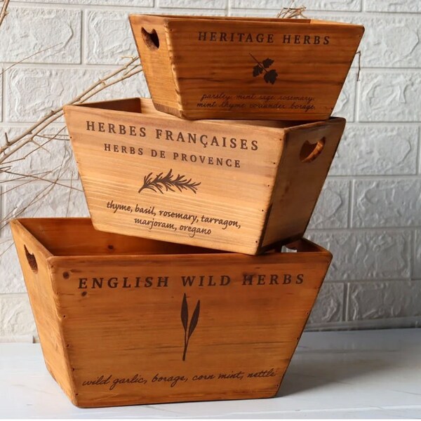 Wooden Herb Crates Set of 3 Home Kitchen Garden Storage Rustic Organization Decor