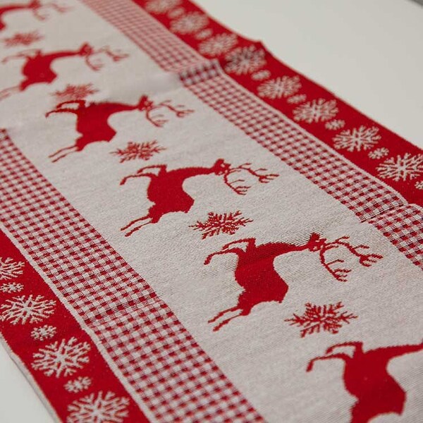 Christmas Linen Red Reindeer Table Runner With Tassel Table Xmas Home Festive Decor