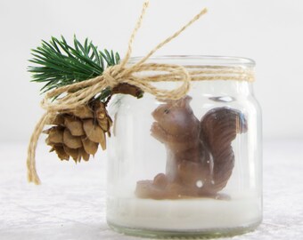 Christmas Squirrel Shape Glass Candle with Pine Cones Unscented Xmas Festive Winter Gift Table Decor
