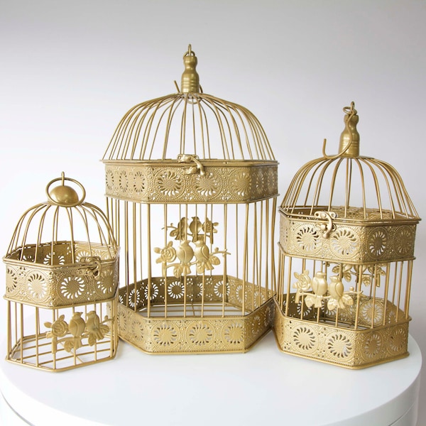 Decorative Hexagon Birdcage Set of 3 Gold Wedding Event Venue Vintage Decor