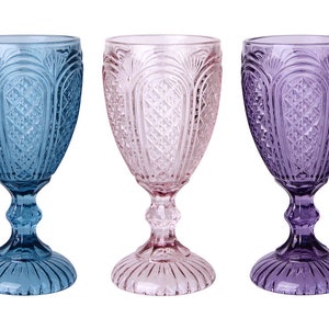 Coloured Goblet Wine Glass Vintage Pressed Design Various Colours Glassware Wedding Venue Event Dining Decor