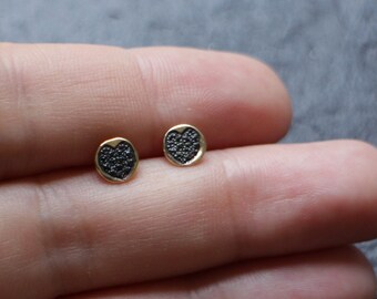 14K Gold Stud Earrings, 14K Gold Post Earrings, Solid Gold Stud Earring, Genuine black diamond earrings, Heart shaped diamond earrings,