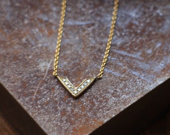 Tiny Diamond necklace, triangle necklace, chevron 14k necklace ,dainty diamond necklace, pave diamond pendant, triangle necklace, v necklace