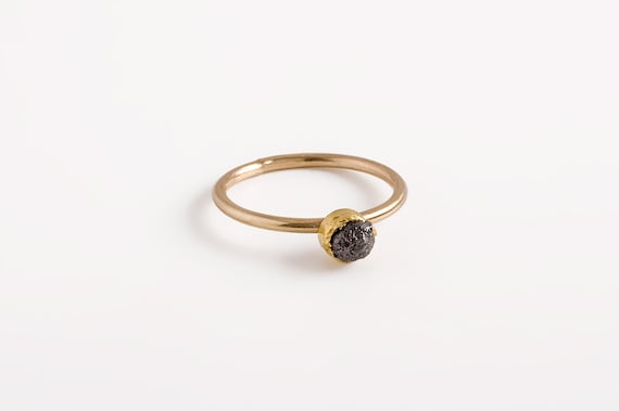 Gold raw diamond ring engagement, black diamond ring engagement ring uncut diamond, fine jewelry ring