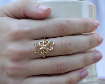 Gold filigree ring, Real gold ring, Unique gold ring, 14k yellow gold ring, Birthday gift for wife, statement ring