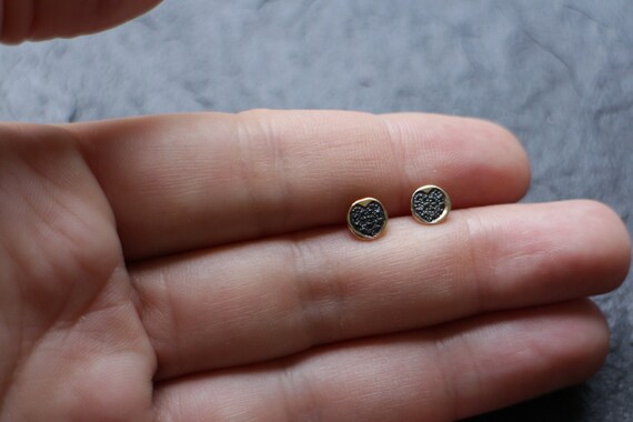 14K Gold Stud Earrings, 14K Gold Post Earrings, Solid Gold Stud Earring, Genuine black diamond earrings, Heart shaped diamond earrings,