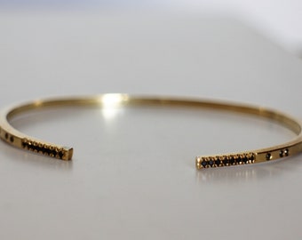 Bracciale con diamanti neri, bracciale rigido in oro, regalo per anniversario di diamanti, regalo di gioielli per lei, regalo unico per donna, bracciale aperto, bracciale rigido in oro