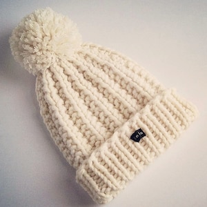 HoBo Handmade 'Lofty' Bobble Hat. Thick chunky hand knitted beanie. Large removable pom pom. Winter white/cream/ecru colour wool blend image 1