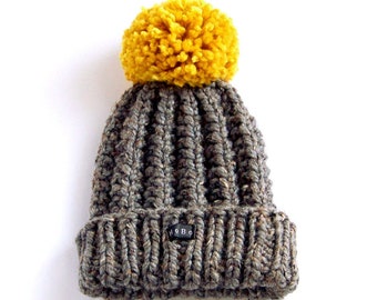 Mens Dark Grey Bobble Hat. Thick chunky charcoal flecked hand knitted beanie. Large mustard yellow pom pom. Gray wool blend XS-XXL Mans Gift