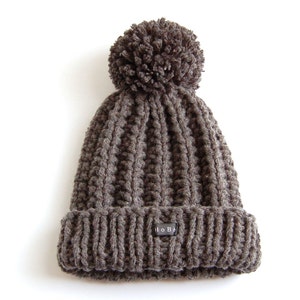 Charcoal Pom Pom Beanie. Mens grey HoBo Handmade thick chunky hand knit bobble hat. Large detachable pom pom. Dark gray wool blend XS-XXL