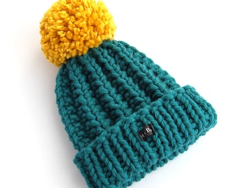 Thick Chunky Knit Teal and Mustard Bobble Hat. Green Blue Pom Pom Hat. Hand Knitted Wool Blend Beanie Hat. Kids Womens or Mens HoBo Handmade