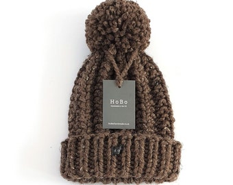 Mens Brown Bobble Hat. Thick chunky hand knitted beanie with large removable pom pom. HoBo Handmade Lofty. Tweed wool blend. Medium/Large/XL