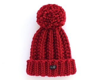 Kids Deep Red Baby/Toddler/Childs Bobble Hat - Boys or Girls HoBo Handmade chunky knit beanie. Hand knitted wool blend choice of pom colours