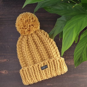 Yellow HoBo Handmade 'Lofty' Bobble Hat. Thick chunky hand knitted beanie with large removable pom pom. Wool blend. Available in 3 colours image 2