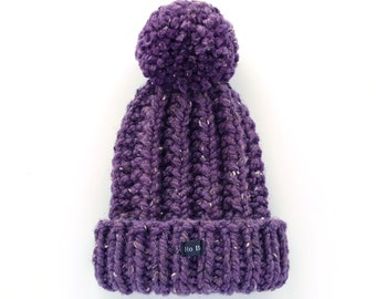 Handmade Purple Tweed Bobble Hat. Thick chunky hand knitted HoBo beanie. Extra large removable pom pom. Wool blend.  3 Sizes Available