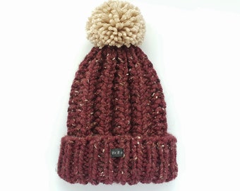 Burgundy Hand Knit Bobble Hat - Men's or women's deep red HoBo Handmade pom pom beanie. Super chunky wool blend XS to XXL