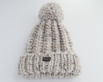 Chunky Knit Bobble Hat - White tweed flecked hand knitted womens wool blend pom pom beanie.  Sizes Small to XXL