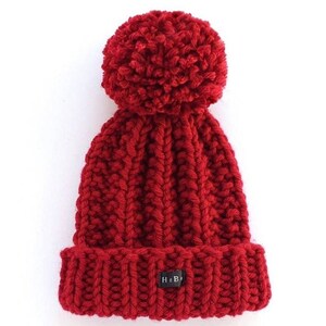 Dark Red HoBo Handmade Bobble Hat. Thick chunky hand knitted mens or womans beanie with large detachable pom pom. Wool blend. Size XS to XL