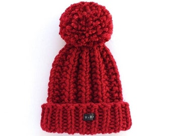 Dark Red HoBo Handmade Bobble Hat. Thick chunky hand knitted mens or womans beanie with large detachable pom pom. Wool blend. Size XS to XL