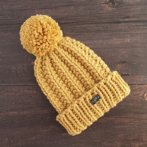 Yellow HoBo Handmade 'Lofty' Bobble Hat. Thick chunky hand knitted beanie with large removable pom pom. Wool blend. Available in 3 colours image 4