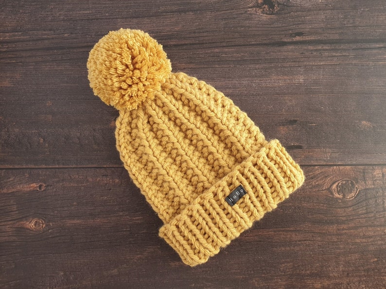 Yellow HoBo Handmade 'Lofty' Bobble Hat. Thick chunky hand knitted beanie with large removable pom pom. Wool blend. Available in 3 colours image 4