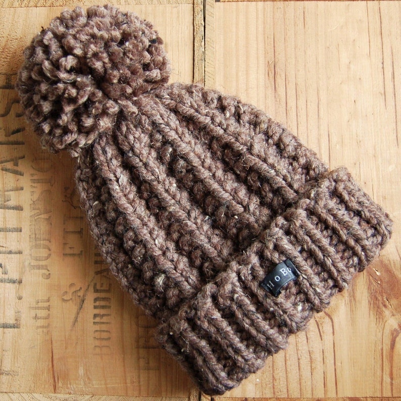 Tweed wool blend HoBo Handmade Lofty Thick chunky hand knitted beanie with large removable pom pom MediumLargeXL Mens Brown Bobble Hat
