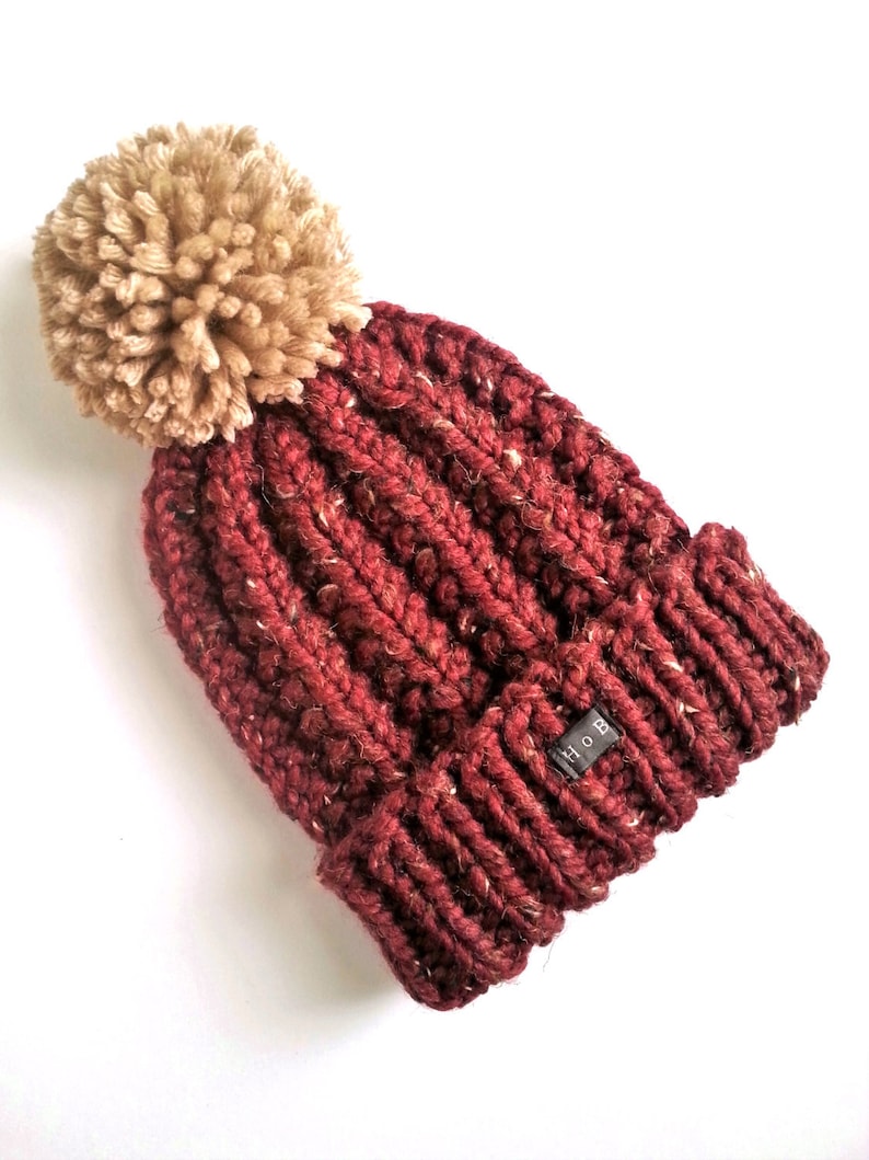 Mens Bobble Hat. Thick chunky burgundy hand knit beanie hat Etsy