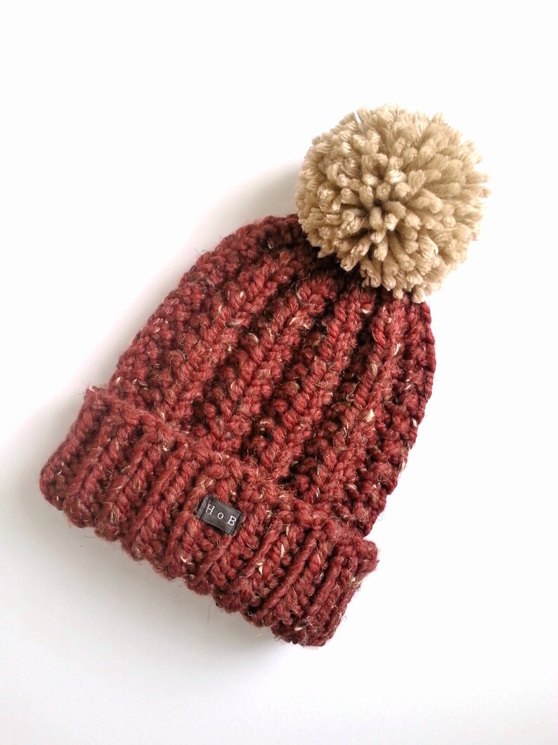 Mens Bobble Hat. Thick Chunky Burgundy Hand Knit Beanie Hat Etsy