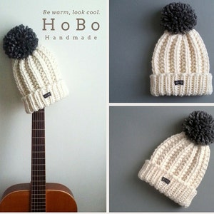 Hand Knitted Bobble Hat, Thick chunky hand knit beanie, Large detachable handmade grey pom pom, Winter white/cream wool blend, Sizes XS-XL