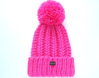 Neon Pink Bobble Hat - Handmade for Women or Men. Chunky hand knitted bright beanie with large removable Pom Pom. Premium Soft Acrylic Yarn