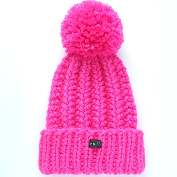 Neon Pink Bobble Hat - Handmade for Women or Men. Chunky hand knitted bright beanie with large removable Pom Pom. Premium Soft Acrylic Yarn