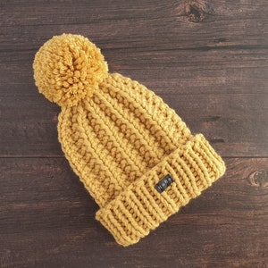 Yellow HoBo Handmade 'Lofty' Bobble Hat. Thick chunky hand knitted beanie with large removable pom pom. Wool blend. Available in 3 colours image 6