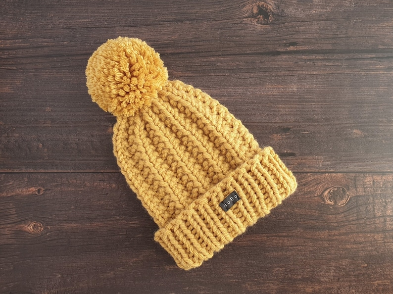 Yellow HoBo Handmade 'Lofty' Bobble Hat. Thick chunky hand knitted beanie with large removable pom pom. Wool blend. Available in 3 colours image 6