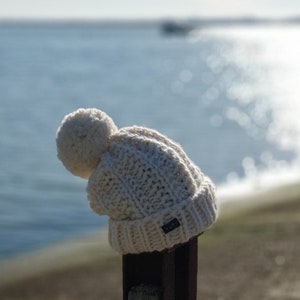 HoBo Handmade 'Lofty' Bobble Hat. Thick chunky hand knitted beanie. Large removable pom pom. Winter white/cream/ecru colour wool blend image 2