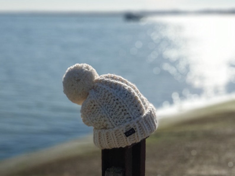 HoBo Handmade 'Lofty' Bobble Hat. Thick chunky hand knitted beanie. Large removable pom pom. Winter white/cream/ecru colour wool blend image 2